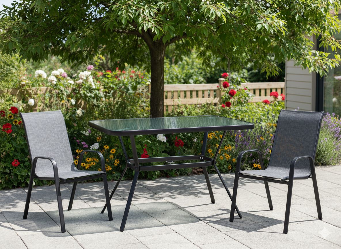 GardenLine Kovový záhradný stôl so sklenenou doskou 110 x 60 x 70 cm NEO-9949 1